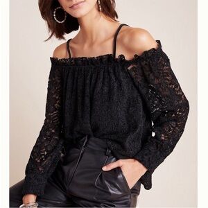 Anthropologie Eri Ali Ramona Lace Off the Shoulder Top Black Long Sleeve M NEW